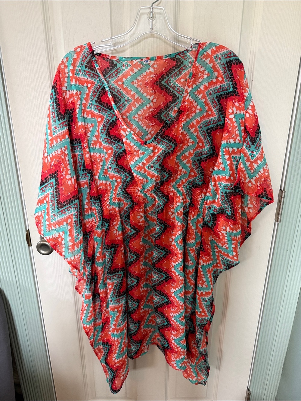 Boho Chevron Kimono beach cover up in Coral and Teal